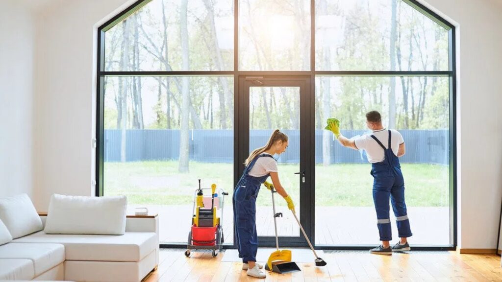 Two professional cleaners in blue overalls sweeping the floor and wiping a large glass window in a modern home.