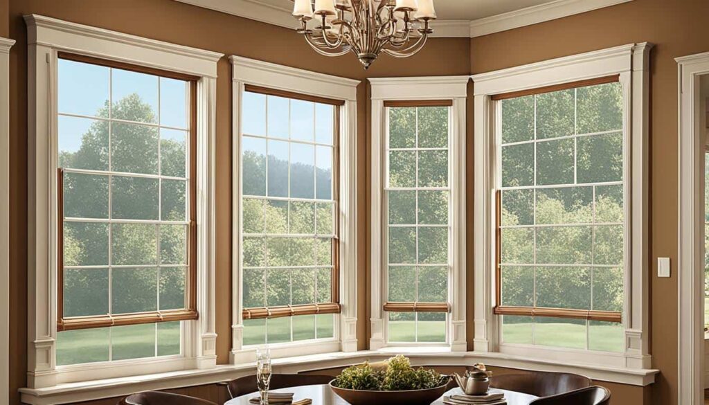 Four large white-trimmed windows with brown blinds in a tan room, overlooking a lush green landscape.