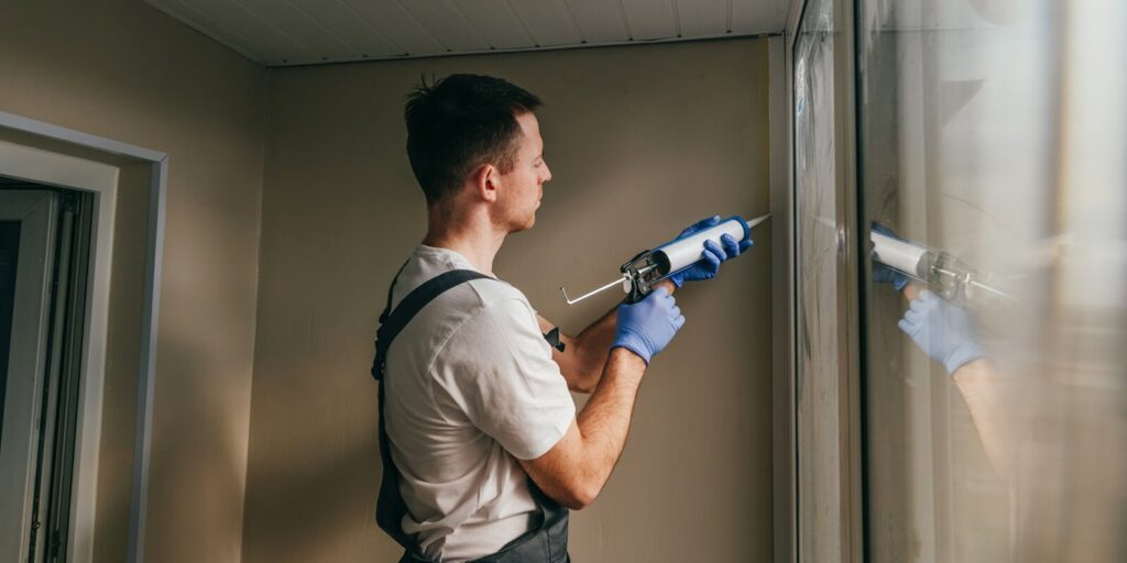A worker wearing blue gloves uses a caulking gun to apply sealant to a window frame corner.