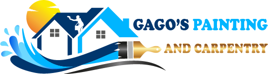 Logo for Gago's Painting and Carpentry featuring houses, a painter silhouette, a paintbrush, and a yellow sun.