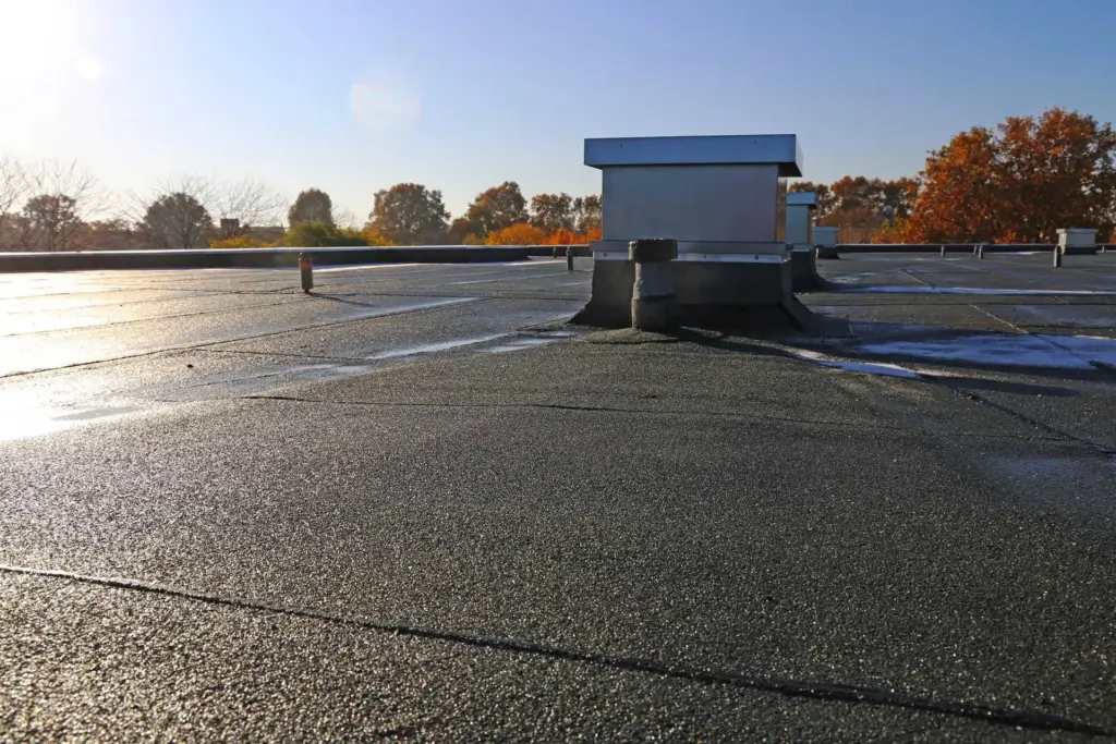 A flat rooftop with black asphalt surface, ventilation stacks, and distant autumn trees under a sunny sky.
