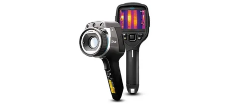 Front and back views of handheld thermal imaging cameras, one displaying a thermal scan on its screen.