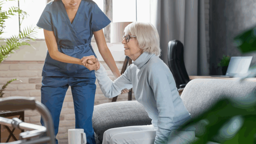 Caregiver in blue scrubs helping an elderly woman stand up from a sofa.