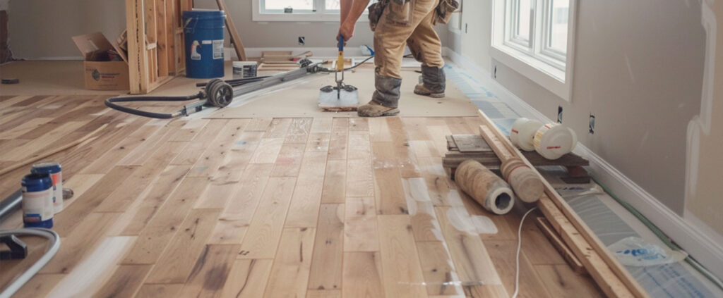 A DIYer installing hardwood floors in his living room e1768422483311