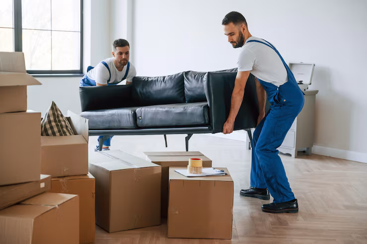 holding heavy sofa two moving service employees room 146671 105578