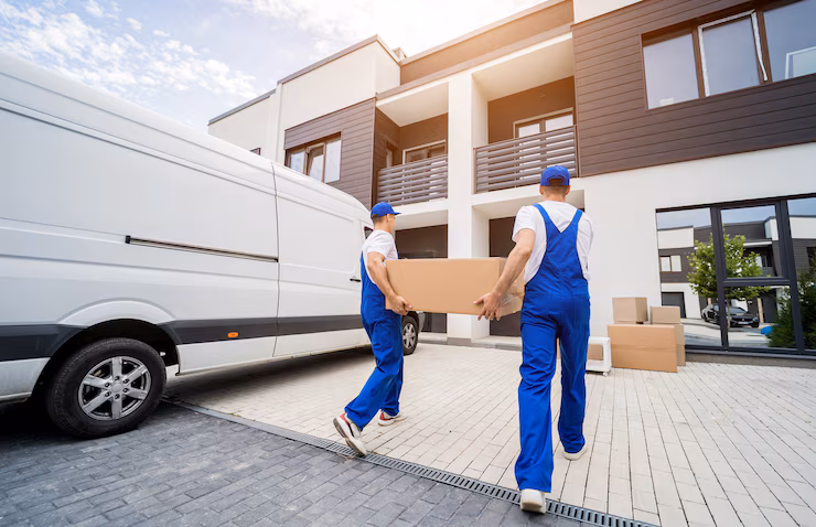 two removal company workers unloading boxes furniture from minibus 179755 14893