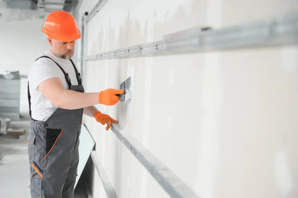 apartment interior construction worker plastering gypsum board wall