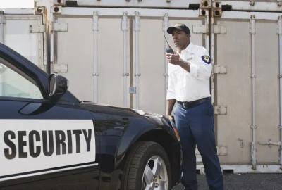 A security officer standing by a patrol car, speaking into a handheld two-way radio.