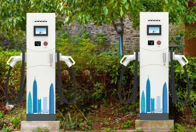 *   Image content: Two white electric vehicle (EV) charging stations.
    *   Details:
        *   Two identical stations.