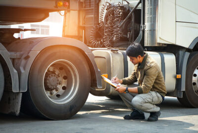 A technician performing a safety inspection on a semi-truck, writing on a clipboard.