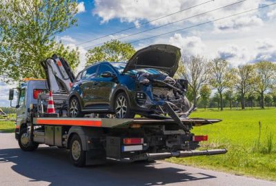 *   Image content: A flatbed tow truck carrying a severely damaged dark blue car.
    *   Details:
        *   Tow truck: Sil