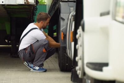 A man in work clothes crouching to inspect the tire of a large truck.