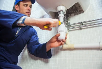Plumber in blue uniform using a wrench to repair the P-trap pipe underneath a sink.