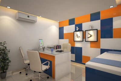 Modern office interior featuring a white desk, examination bed, and a bold geometric blue and orange accent wall.