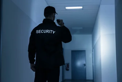 Rear view of a security guard using a radio in a dimly lit blue hallway.