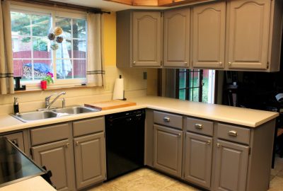 Kitchen with gray cabinetry, beige countertops, a double stainless steel sink, and a black dishwasher.