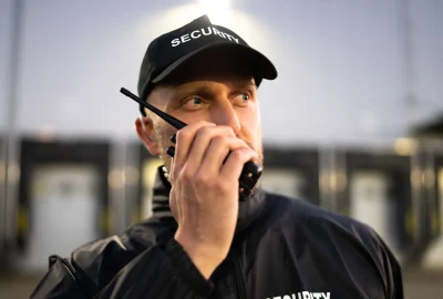 A security guard wearing a uniform and cap speaking into a two-way radio outdoors.