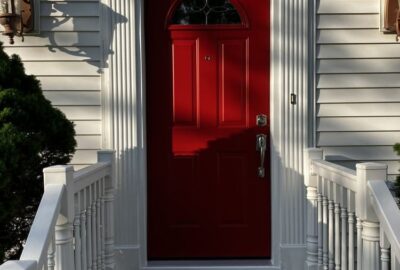 *   Image: A bright red front door of a house.
    *   Details:
        *   Door: Red, paneled, with a semi-circular window a