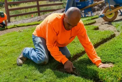 A man in an orange shirt kneels on a lawn, laying down pieces of sod.