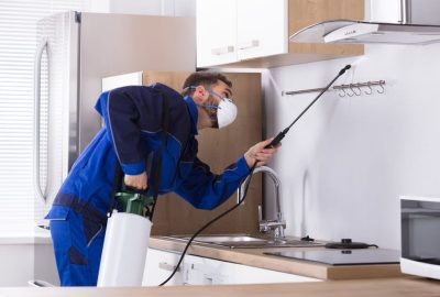 A pest control worker sprays pesticide in a modern kitchen using a spray tank.