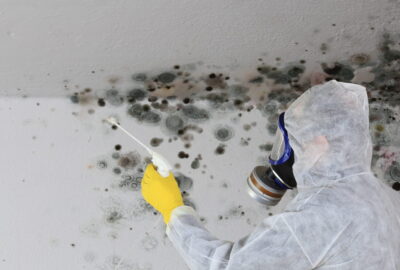 Person in protective gear using a sprayer to treat black mold on a ceiling.