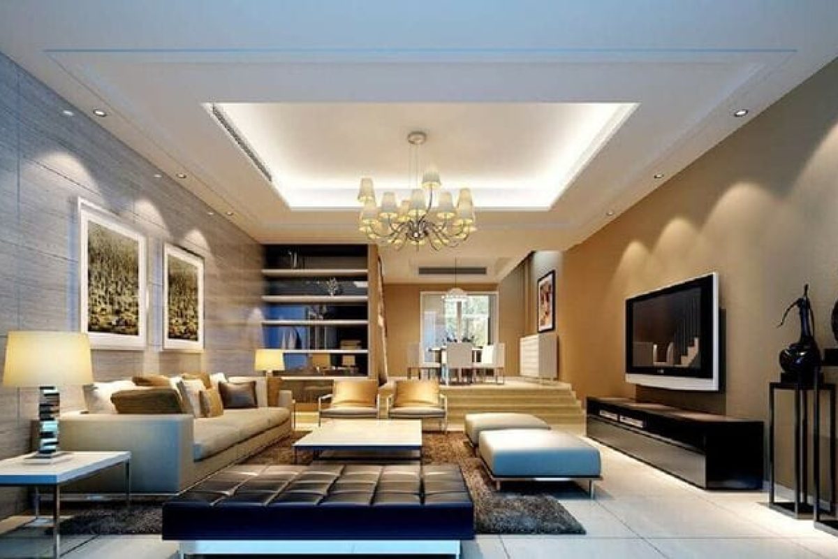 *   Image: A modern, luxurious living room.
    *   Key elements:
        *   Large light-colored sofa with cushions.