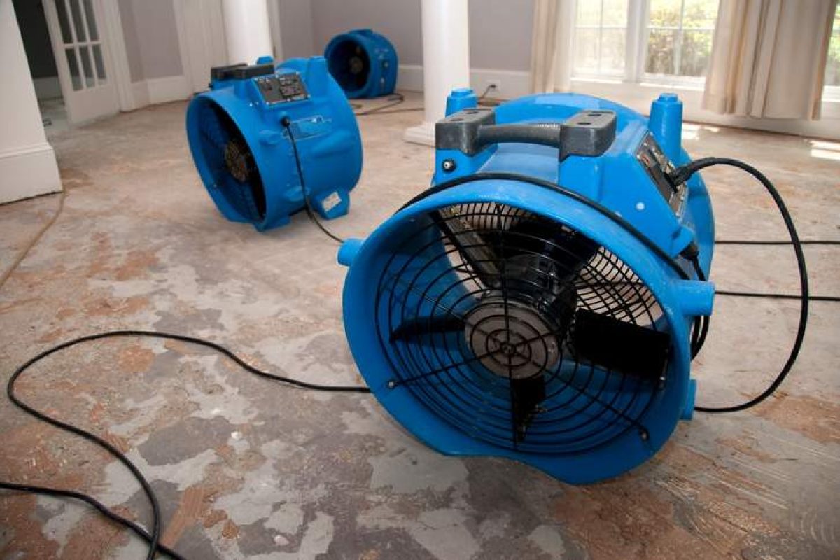 *   Image content: Three large blue industrial air movers (fans) on a damaged floor.
    *   Context: Likely water damage res
