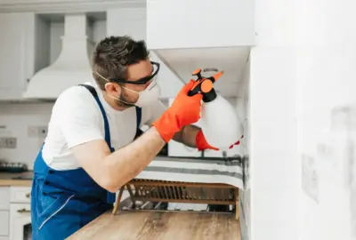 A technician in protective gear spraying under a white kitchen cabinet.