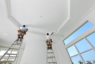 Two construction workers on tall ladders installing crown molding in a bright, high-ceilinged room.