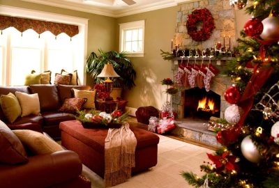 A cozy setting filled with holiday decorations like string lights, wreaths, and cheerful seasonal accents.