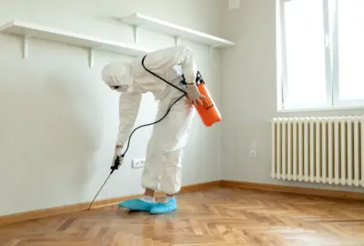 Person in a white hazmat suit using an orange spray tank to treat baseboards in an empty room.