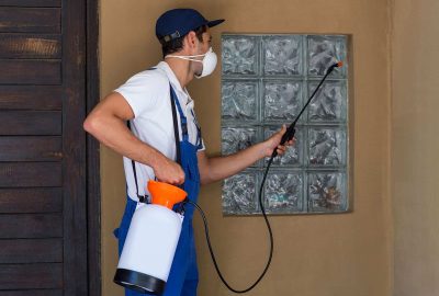 A worker sprays pesticide near a window in a residential home for pest control.
