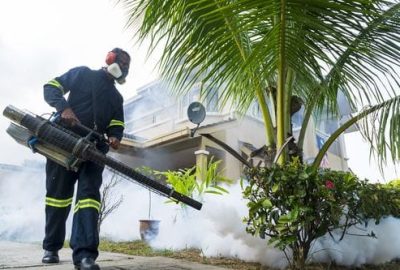 A worker sprays pesticide with a spraying machine surrounded by smoke for mosquito control in an outdoor residential area.