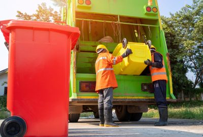 Two workers assisting each other to throw waste into a dumpster, cleaning the area efficiently.