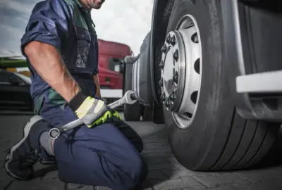 Mechanic in blue overalls kneeling and using a wrench to repair a large truck wheel.
