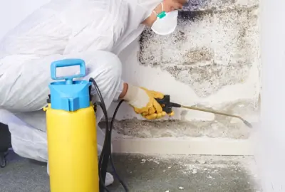 Worker in full protective gear spraying a treatment onto a damaged section of a wall.