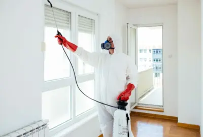 A person in a white hazmat suit and respirator uses a pressure sprayer to treat a window frame.