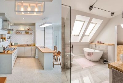 *   Image 1 (Left): A modern, bright kitchen with white cabinets, light wood countertops, white subway tile backsplash, and a
