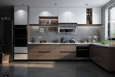 Modern kitchen with wood lower cabinets, white upper cabinets, grey tile backsplash, and stainless steel appliances.