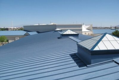 Blue corrugated metal roof with pyramidal skylights under a clear sky.