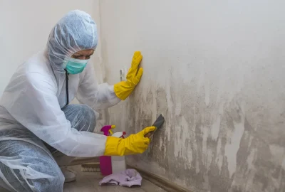 Person in protective gear and yellow gloves scraping a moldy wall with a putty knife.