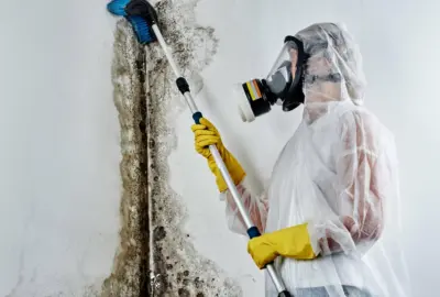 Person in a hazmat suit and respirator scrubbing black mold from a white wall with a long-handled brush.