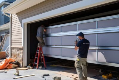 Two technicians installing a gray garage door at a residential home.
