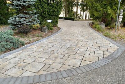 Curving stone paver driveway lined with dark gray bricks, surrounded by lush green trees and shrubs.