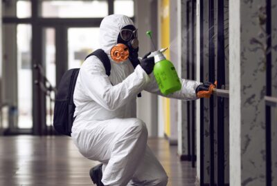 Person in a white hazmat suit and gas mask spraying disinfectant from a green bottle in a hallway.