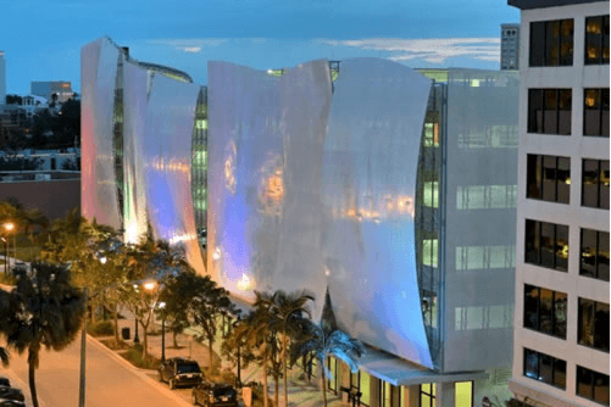 *   Image: A modern building with a unique, curved, reflective facade that looks like sails or sheets of fabric.
    *   Sett
