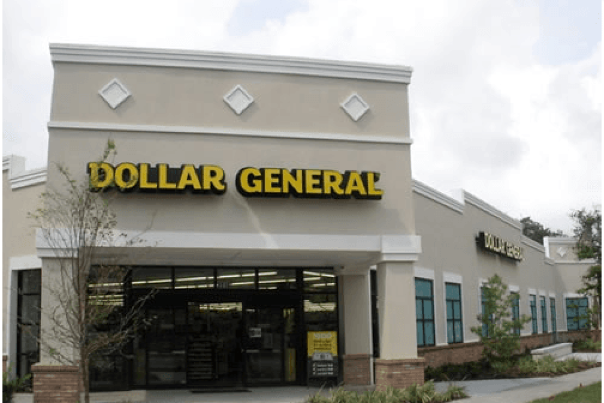 *   Image: A Dollar General store.
    *   Key elements: Storefront, "DOLLAR GENERAL" sign in yellow, beige building, glass e