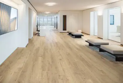 Bright, modern office hallway with light wood flooring, white walls, and minimalist gray benches.