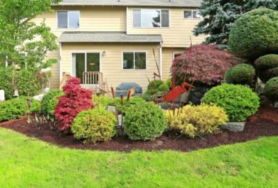 Manicured backyard garden with colorful shrubs and a red bird sculpture in front of a tan two-story house.