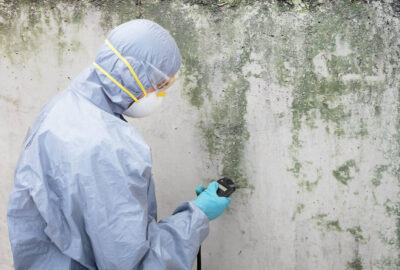 Specialist in protective gear using a handheld device to inspect mold growth on a concrete wall.